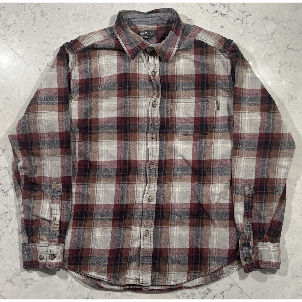 Eddie Bauer Flannel Shirt Mens Large Burgundy Plaid Long Sleeve Gorpcore‎ PNW
